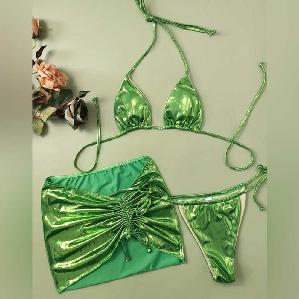 3pc Green Metallic Halter High Cut Brazilian Bikini Set & Skirt Cover Up - Picture 3 of 12